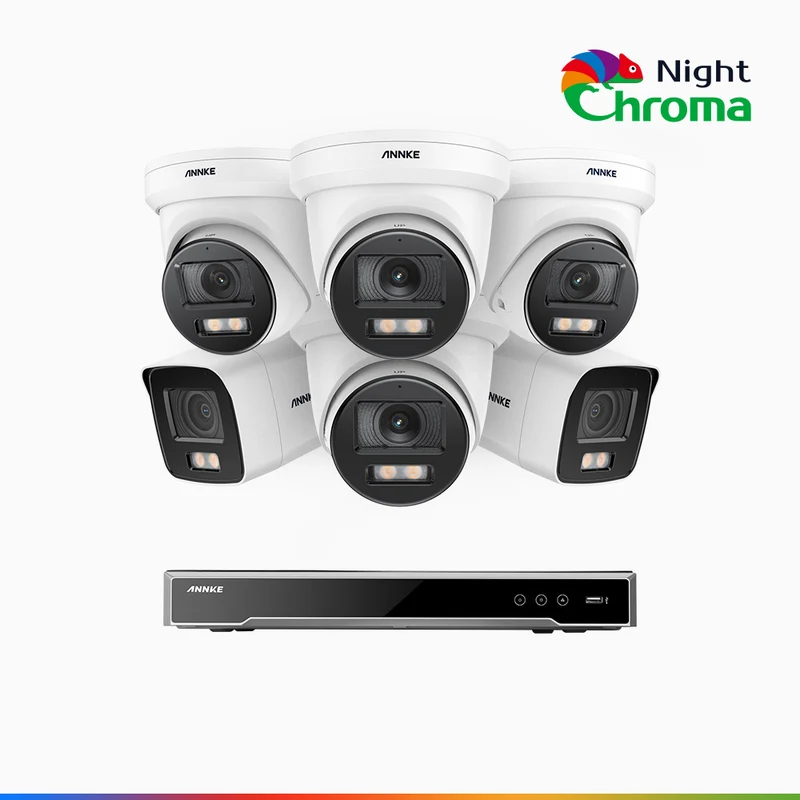 NightChroma TM NCK800 – 4K 16 Channel PoE Security System with 2 Bullet & 4 Turret Cameras, f/1.0 Super Aperture, Color Night Vision, 2CH 4K Decoding Capability, Human & Vehicle Detection, Intelligent Behavior Analysis, Built-in Mic, 124° FoV