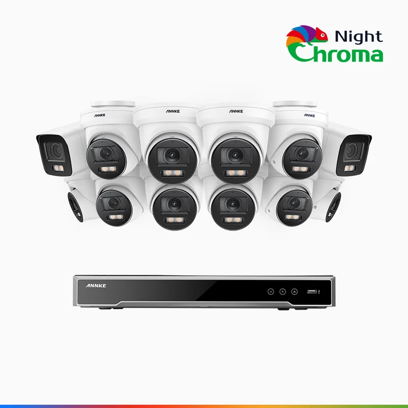 NightChroma TM NCK800 – 4K 16 Channel PoE Security System with 2 Bullet & 10 Turret Cameras, f/1.0 Super Aperture, Color Night Vision, 2CH 4K Decoding Capability, Human & Vehicle Detection, Intelligent Behavior Analysis, Built-in Mic, 124° FoV