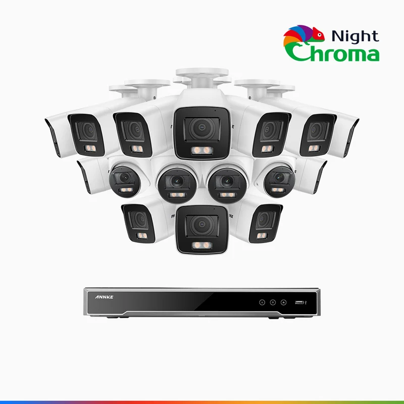NightChroma TM NCK800 – 4K 16 Channel PoE Security System with 12 Bullet & 4 Turret Cameras, f/1.0 Super Aperture, Color Night Vision, 2CH 4K Decoding Capability, Human & Vehicle Detection, Intelligent Behavior Analysis, Built-in Mic, 124° FoV