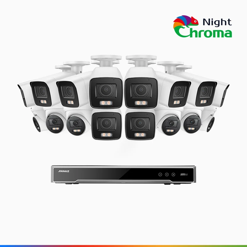 NightChroma TM NCK800 – 4K 16 Channel PoE Security System with 10 Bullet & 6 Turret Cameras, f/1.0 Super Aperture, Color Night Vision, 2CH 4K Decoding Capability, Human & Vehicle Detection, Intelligent Behavior Analysis, Built-in Mic, 124° FoV