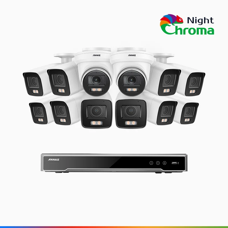 NightChroma TM NCK800 – 4K 16 Channel PoE Security System with 10 Bullet & 2 Turret Cameras, f/1.0 Super Aperture, Color Night Vision, 2CH 4K Decoding Capability, Human & Vehicle Detection, Intelligent Behavior Analysis, Built-in Mic, 124° FoV