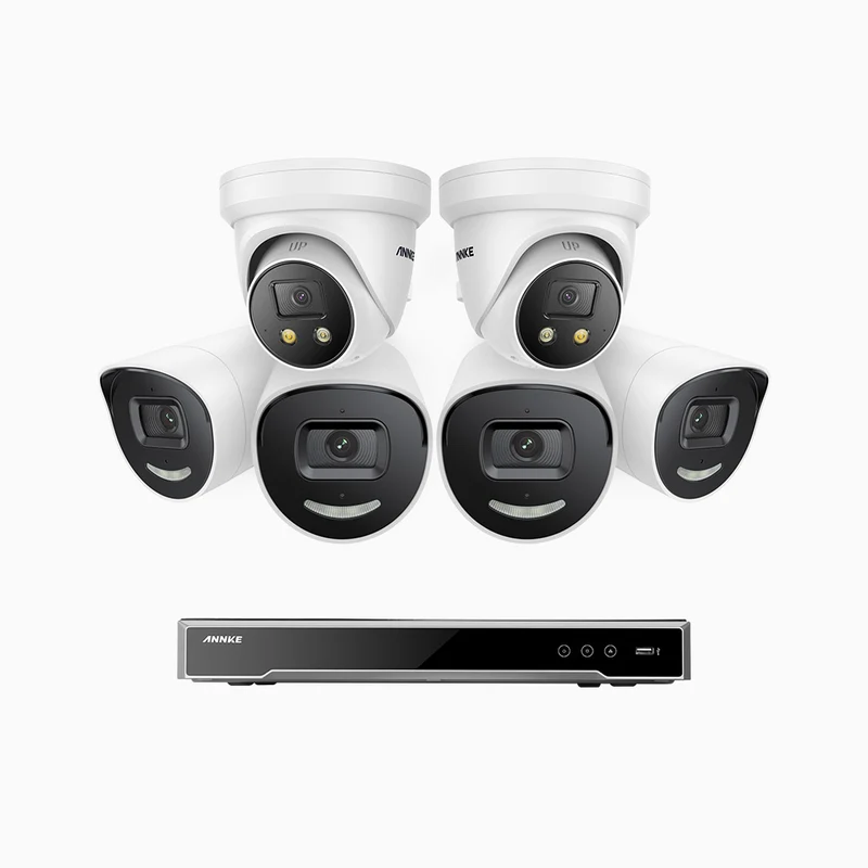 H800X - 4K 8 Channel PoE Security System with 4 Bullet & 2 Turret Cameras, 1/1.8'' BSI Sensor, f/1.6 Aperture (0.003 Lux), Siren & Strobe Alarm,Two-Way Audio, Human & Vehicle Detection, Perimeter Protection, All-Metal Housing