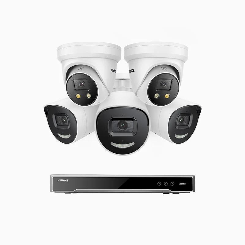 H800X - 4K 8 Channel PoE Security System with 3 Bullet & 2 Turret Cameras, 1/1.8'' BSI Sensor, f/1.6 Aperture (0.003 Lux), Siren & Strobe Alarm,Two-Way Audio, Human & Vehicle Detection, Perimeter Protection, All-Metal Housing