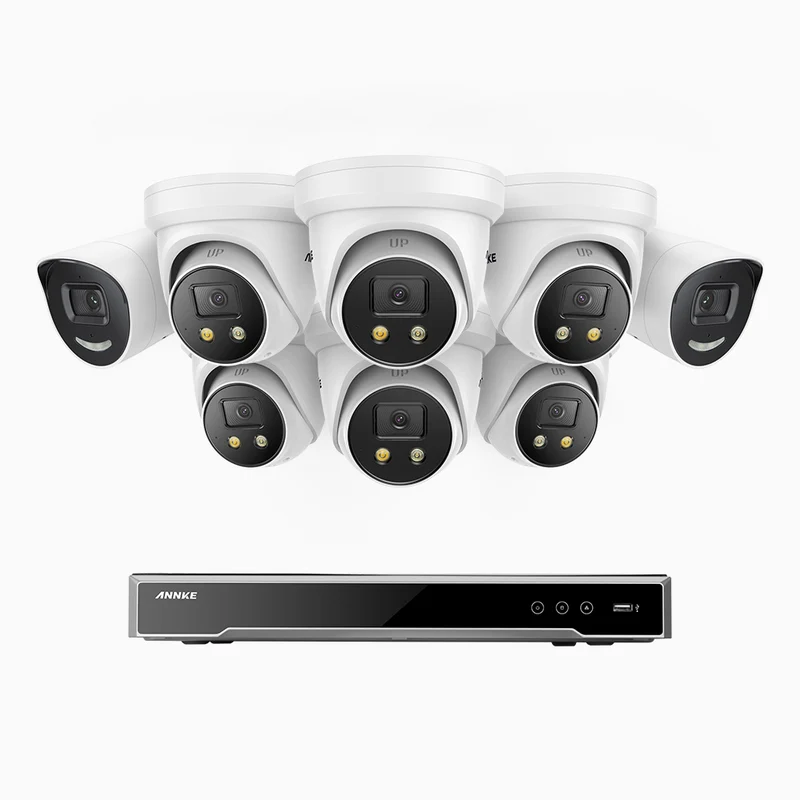 H800X - 4K 8 Channel PoE Security System with 2 Bullet & 6 Turret Cameras, 1/1.8'' BSI Sensor, f/1.6 Aperture (0.003 Lux), Siren & Strobe Alarm,Two-Way Audio, Human & Vehicle Detection, Perimeter Protection, All-Metal Housing