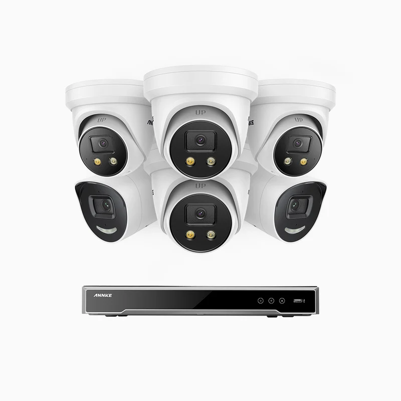 H800X - 4K 8 Channel PoE Security System with 2 Bullet & 4 Turret Cameras, 1/1.8'' BSI Sensor, f/1.6 Aperture (0.003 Lux), Siren & Strobe Alarm,Two-Way Audio, Human & Vehicle Detection, Perimeter Protection, All-Metal Housing
