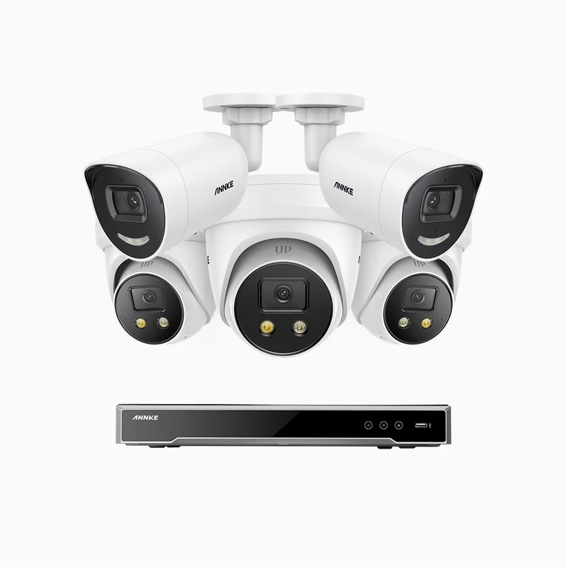 H800X - 4K 8 Channel PoE Security System with 2 Bullet & 3 Turret Cameras, 1/1.8'' BSI Sensor, f/1.6 Aperture (0.003 Lux), Siren & Strobe Alarm,Two-Way Audio, Human & Vehicle Detection, Perimeter Protection, All-Metal Housing