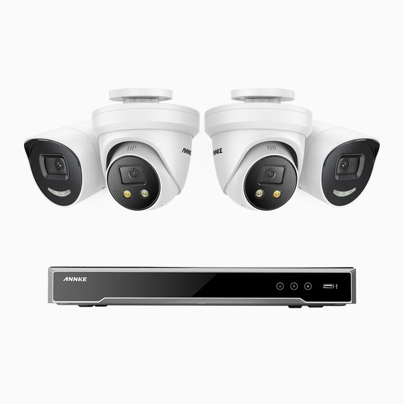 H800X - 4K 8 Channel PoE Security System with 2 Bullet & 2 Turret Cameras, 1/1.8'' BSI Sensor, f/1.6 Aperture (0.003 Lux), Siren & Strobe Alarm,Two-Way Audio, Human & Vehicle Detection, Perimeter Protection, All-Metal Housing