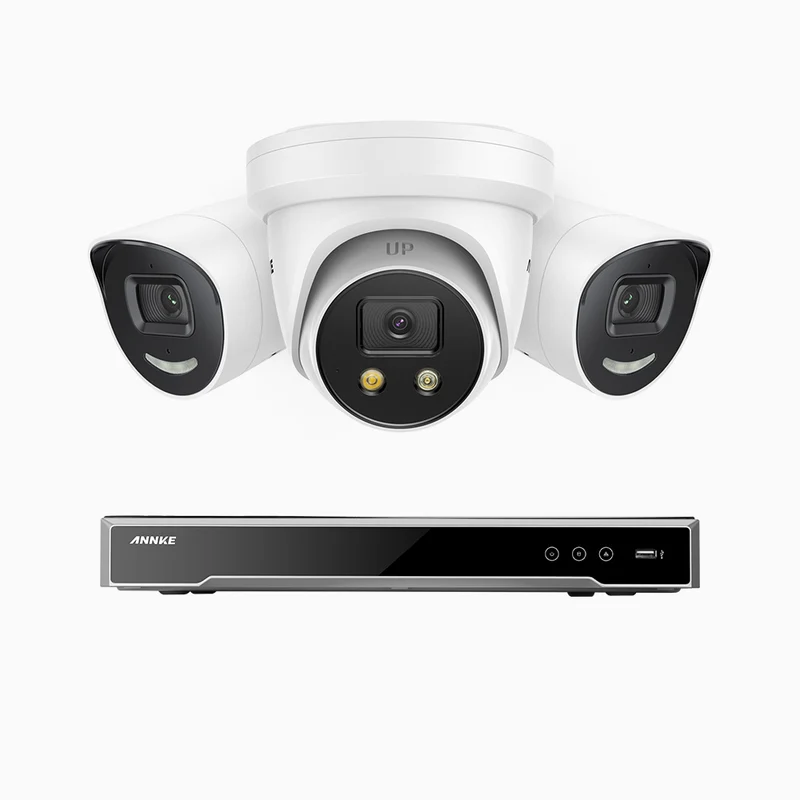 H800X - 4K 8 Channel PoE Security System with 2 Bullet & 1 Turret Cameras, 1/1.8'' BSI Sensor, f/1.6 Aperture (0.003 Lux), Siren & Strobe Alarm,Two-Way Audio, Human & Vehicle Detection, Perimeter Protection, All-Metal Housing