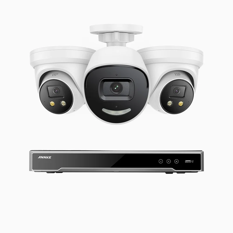 H800X - 4K 8 Channel PoE Security System with 1 Bullet & 2 Turret Cameras, 1/1.8'' BSI Sensor, f/1.6 Aperture (0.003 Lux), Siren & Strobe Alarm,Two-Way Audio, Human & Vehicle Detection, Perimeter Protection, All-Metal Housing