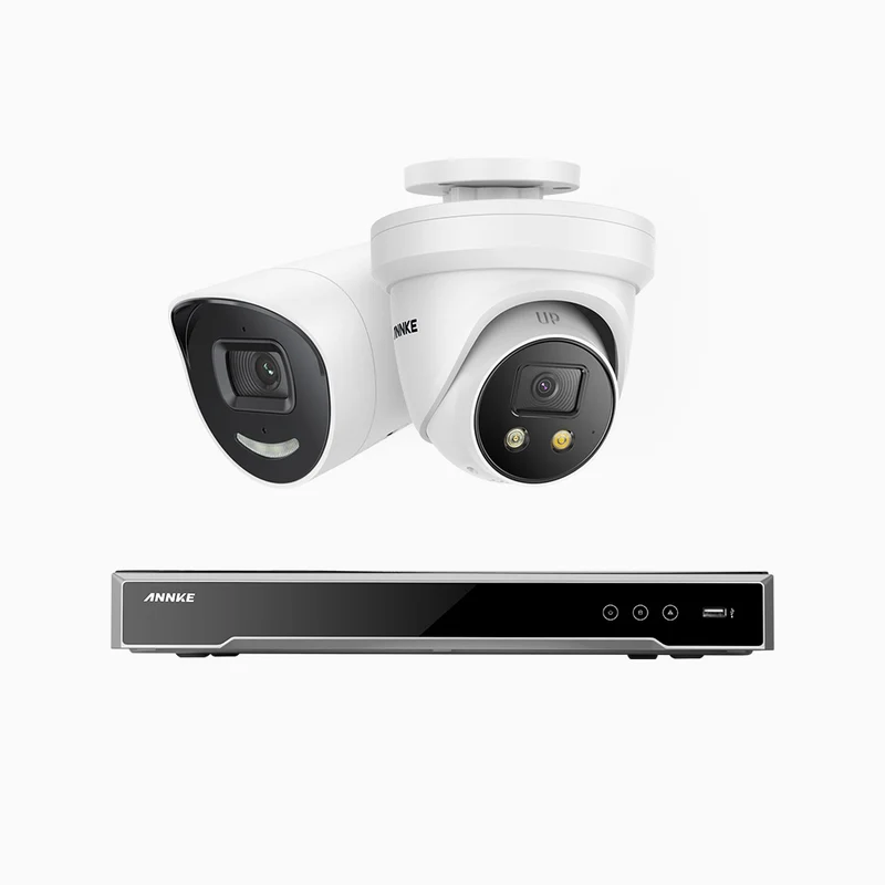 H800X - 4K 8 Channel PoE Security System with 1 Bullet & 1 Turret Cameras, 1/1.8'' BSI Sensor, f/1.6 Aperture (0.003 Lux), Siren & Strobe Alarm,Two-Way Audio, Human & Vehicle Detection, Perimeter Protection, All-Metal Housing