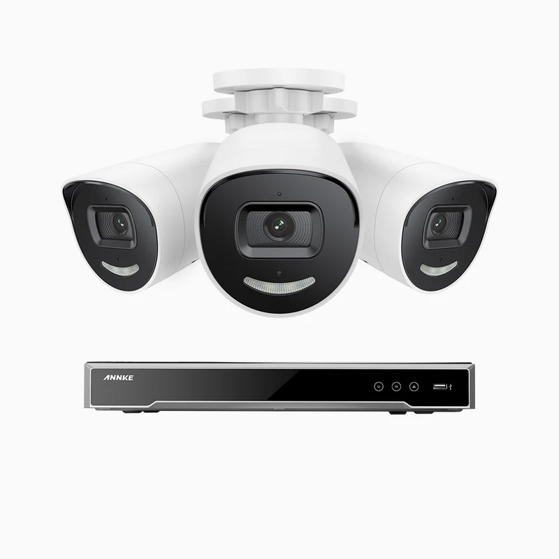 H800X - 4K 8 Channel 3 Cameras PoE Security System, 1/1.8'' BSI Sensor, f/1.6 Aperture (0.003 Lux), Siren & Strobe Alarm,Two-Way Audio, Human & Vehicle Detection, Perimeter Protection, All-Metal Housing