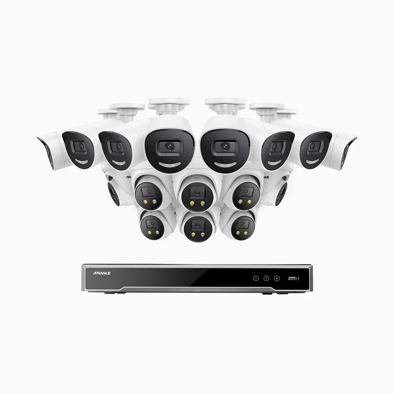 H800X - 4K 16 Channel PoE Security System with 8 Bullet & 8 Turret Cameras, 1/1.8'' BSI Sensor, f/1.6 Aperture (0.003 Lux), Siren & Strobe Alarm,Two-Way Audio, Human & Vehicle Detection, Perimeter Protection, All-Metal Housing