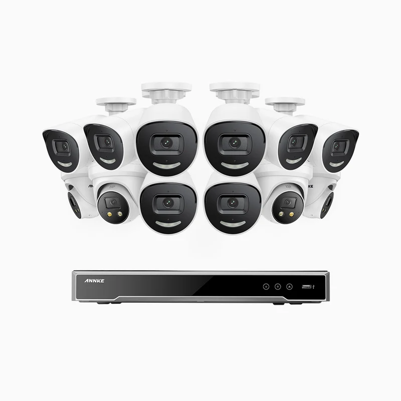 H800X - 4K 16 Channel PoE Security System with 8 Bullet & 4 Turret Cameras, 1/1.8'' BSI Sensor, f/1.6 Aperture (0.003 Lux), Siren & Strobe Alarm,Two-Way Audio, Human & Vehicle Detection, Perimeter Protection, All-Metal Housing