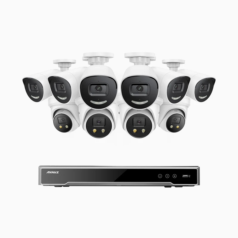 H800X - 4K 16 Channel PoE Security System with 6 Bullet & 4 Turret Cameras, 1/1.8'' BSI Sensor, f/1.6 Aperture (0.003 Lux), Siren & Strobe Alarm,Two-Way Audio, Human & Vehicle Detection, Perimeter Protection, All-Metal Housing
