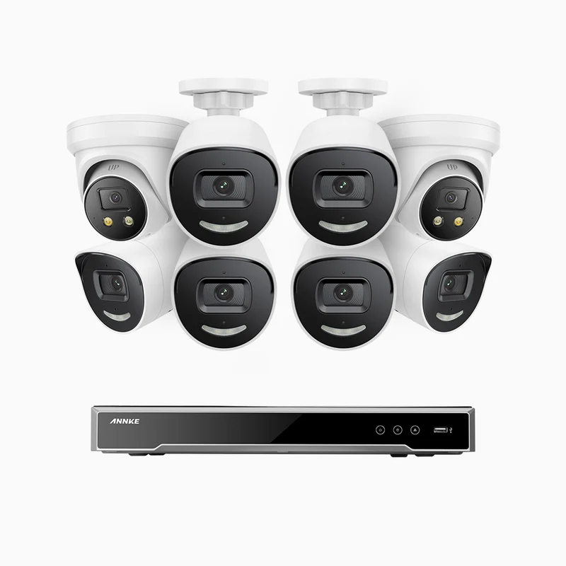 H800X - 4K 16 Channel PoE Security System with 6 Bullet & 2 Turret Cameras, 1/1.8'' BSI Sensor, f/1.6 Aperture (0.003 Lux), Siren & Strobe Alarm,Two-Way Audio, Human & Vehicle Detection, Perimeter Protection, All-Metal Housing