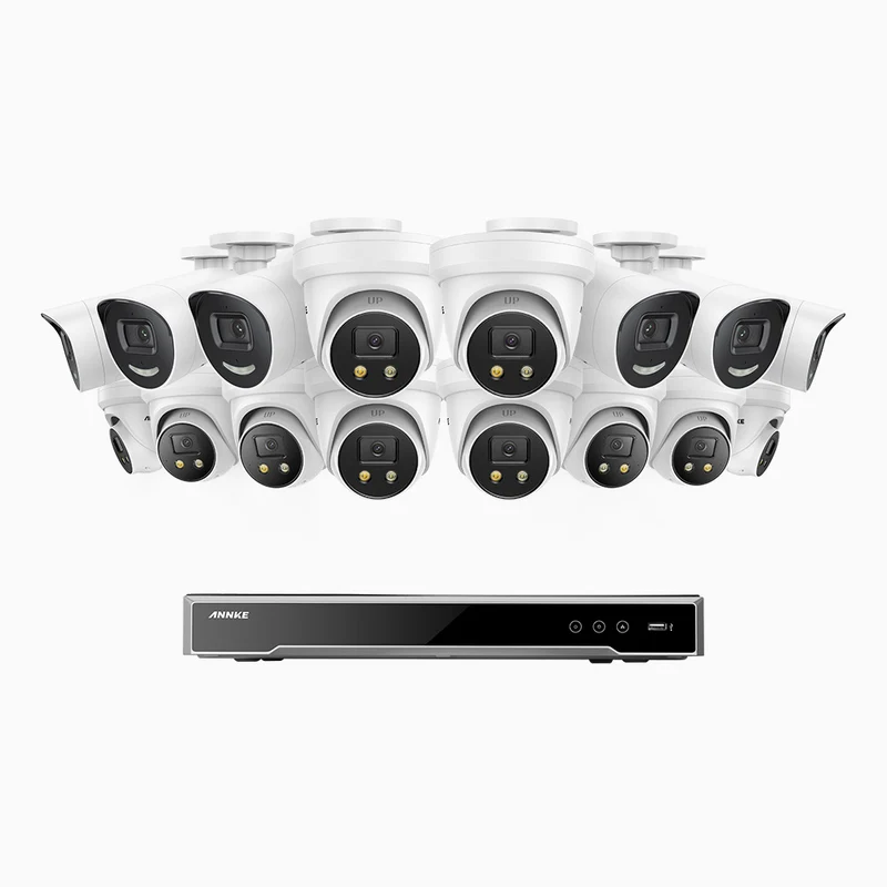 H800X - 4K 16 Channel PoE Security System with 6 Bullet & 10 Turret Cameras, 1/1.8'' BSI Sensor, f/1.6 Aperture (0.003 Lux), Siren & Strobe Alarm,Two-Way Audio, Human & Vehicle Detection, Perimeter Protection, All-Metal Housing