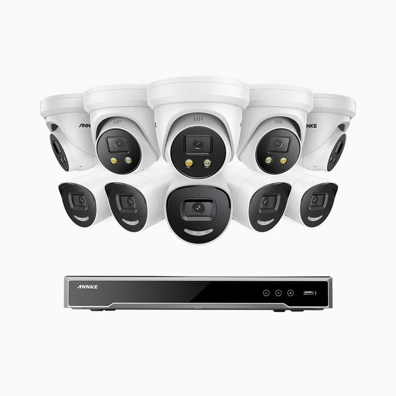 H800X - 4K 16 Channel PoE Security System with 5 Bullet & 5 Turret Cameras, 1/1.8'' BSI Sensor, f/1.6 Aperture (0.003 Lux), Siren & Strobe Alarm,Two-Way Audio, Human & Vehicle Detection, Perimeter Protection, All-Metal Housing