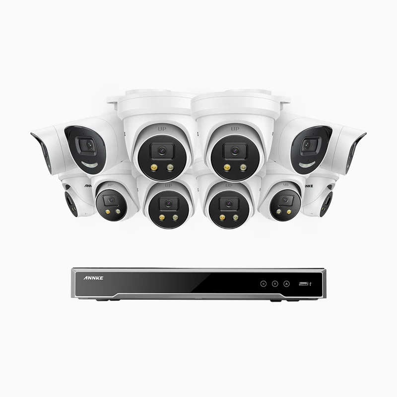 H800X - 4K 16 Channel PoE Security System with 4 Bullet & 8 Turret Cameras, 1/1.8'' BSI Sensor, f/1.6 Aperture (0.003 Lux), Siren & Strobe Alarm,Two-Way Audio, Human & Vehicle Detection, Perimeter Protection, All-Metal Housing