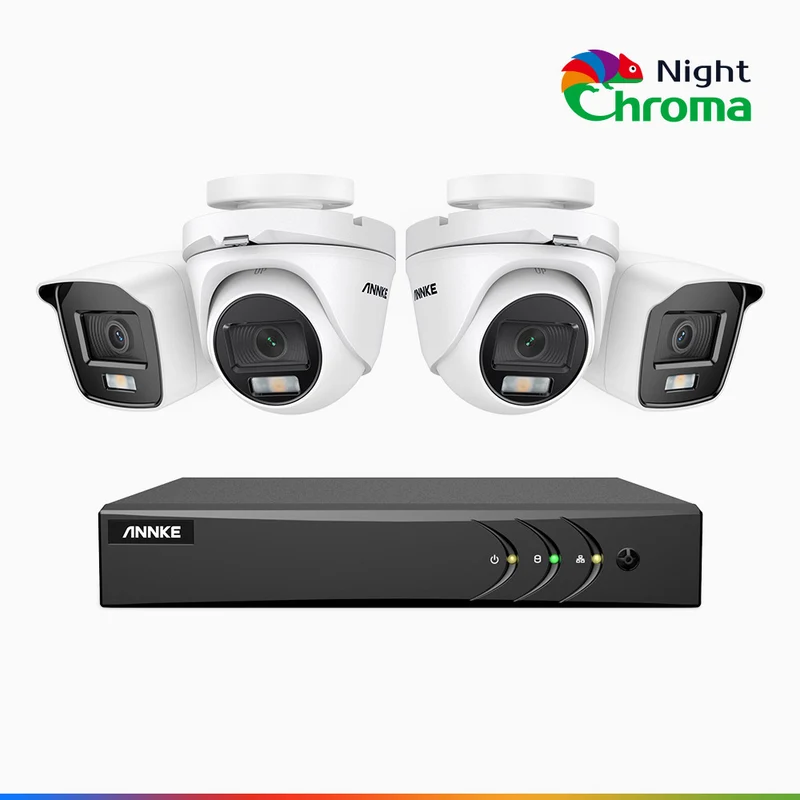 NightChroma TM NAK200 - 1080P 4 Channel Wired CCTV System with 2 Bullet & 2 Turret Cameras, Acme Colour Night Vision, f/1.0 Super Aperture, 0.001 Lux, 121° FoV, Active Alignment