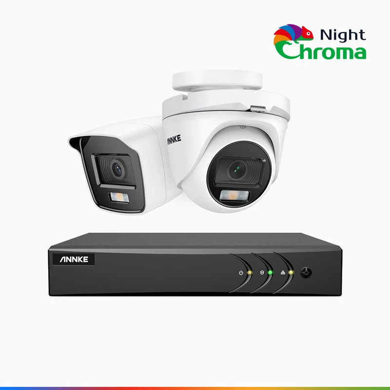 NightChroma TM NAK200 - 1080P 8 Channel Wired CCTV System with 1 Bullet & 1 Turret Cameras, Acme Color Night Vision, f/1.0 Super Aperture, 0.001 Lux, 121° FoV, Active Alignment