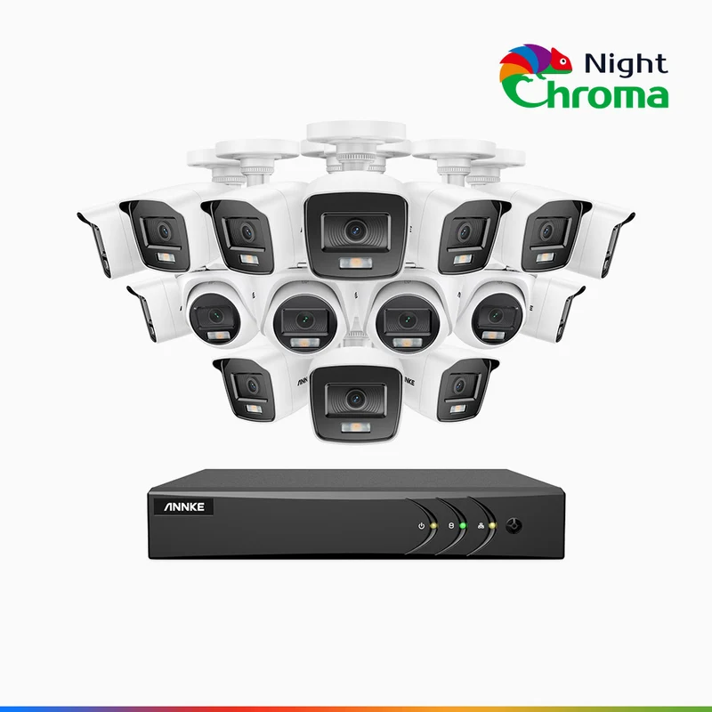 NightChroma TM NAK200 - 1080P 16 Channel Wired CCTV System with 12 Bullet & 4 Turret Cameras, Acme Colour Night Vision, f/1.0 Super Aperture, 0.001 Lux, 121° FoV, Active Alignment