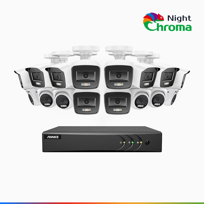 NightChroma TM NAK200 - 1080P 16 Channel Wired CCTV System with 10 Bullet & 6 Turret Cameras, Acme Colour Night Vision, f/1.0 Super Aperture, 0.001 Lux, 121° FoV, Active Alignment