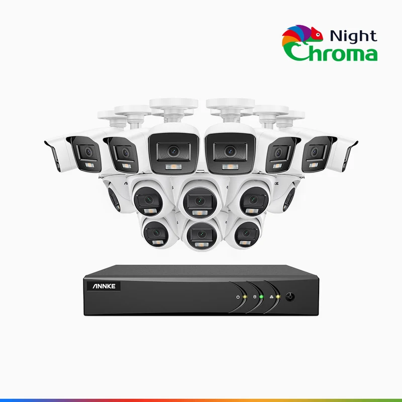NightChroma TM NAK200 - 1080P 16 Channel Wired CCTV System with 8 Bullet & 8 Turret Cameras, Acme Colour Night Vision, f/1.0 Super Aperture, 0.001 Lux, 121° FoV, Active Alignment