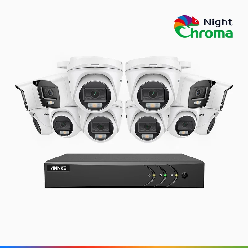 NightChroma TM NAK200 - 1080P 16 Channel Wired CCTV System with 4 Bullet & 8 Turret Cameras, Acme Colour Night Vision, f/1.0 Super Aperture, 0.001 Lux, 121° FoV, Active Alignment