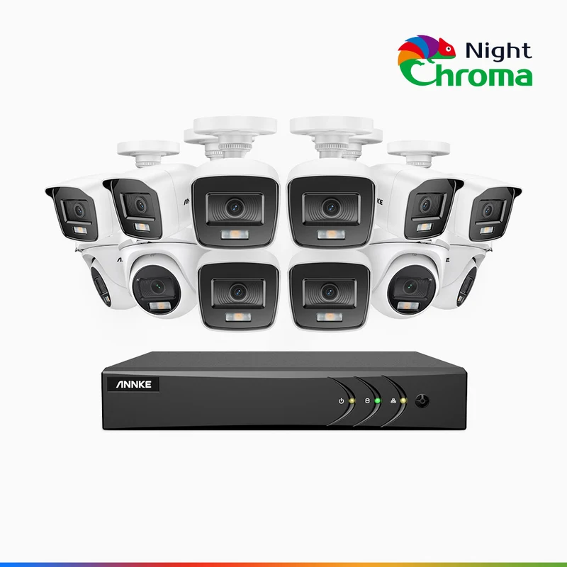 NightChroma TM NAK200 - 1080P 16 Channel Wired CCTV System with 8 Bullet & 4 Turret Cameras, Acme Colour Night Vision, f/1.0 Super Aperture, 0.001 Lux, 121° FoV, Active Alignment