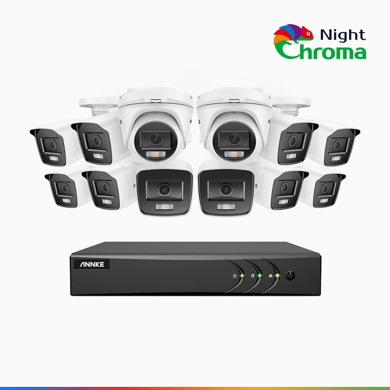 NightChroma TM NAK200 - 1080P 16 Channel Wired CCTV System with 10 Bullet & 2 Turret Cameras, Acme Colour Night Vision, f/1.0 Super Aperture, 0.001 Lux, 121° FoV, Active Alignment
