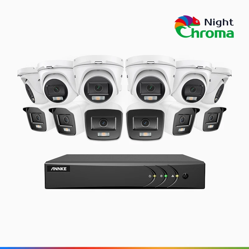 NightChroma TM NAK200 - 1080P 16 Channel Wired CCTV System with 6 Bullet & 6 Turret Cameras, Acme Colour Night Vision, f/1.0 Super Aperture, 0.001 Lux, 121° FoV, Active Alignment