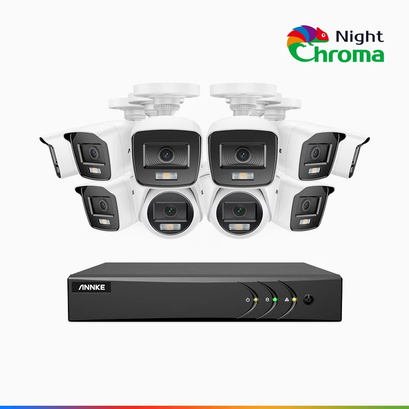 NightChroma TM NAK200 - 1080P 16 Channel Wired CCTV System with 8 Bullet & 2 Turret Cameras, Acme Colour Night Vision, f/1.0 Super Aperture, 0.001 Lux, 121° FoV, Active Alignment