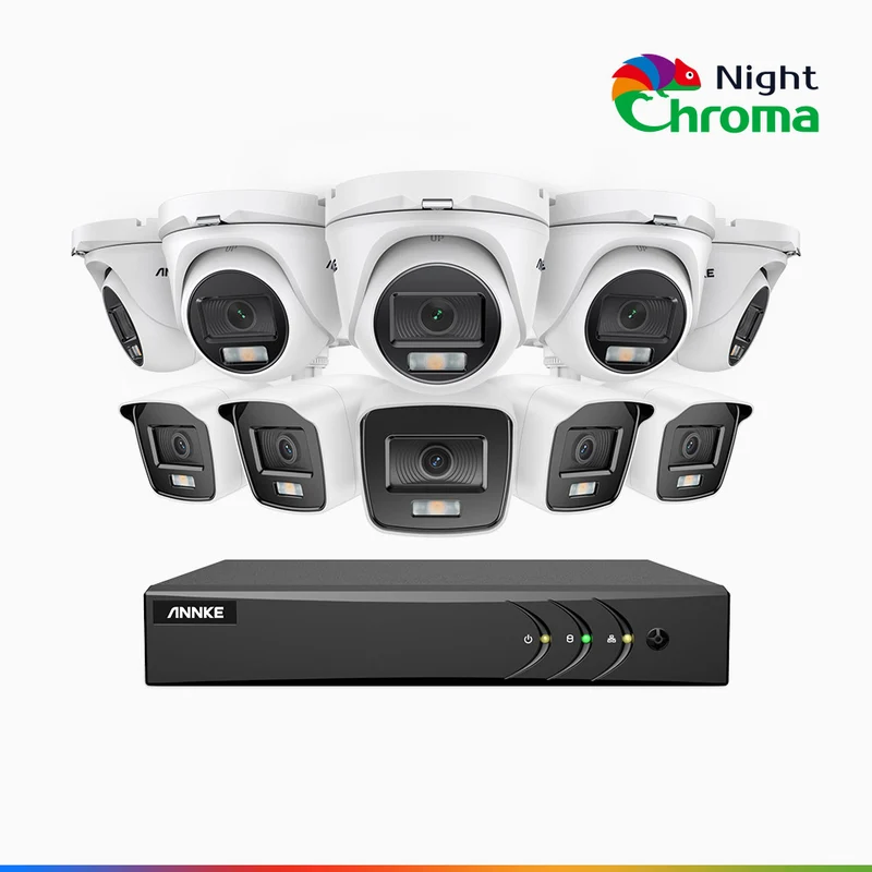 NightChroma TM NAK200 - 1080P 16 Channel Wired CCTV System with 5 Bullet & 5 Turret Cameras, Acme Colour Night Vision, f/1.0 Super Aperture, 0.001 Lux, 121° FoV, Active Alignment