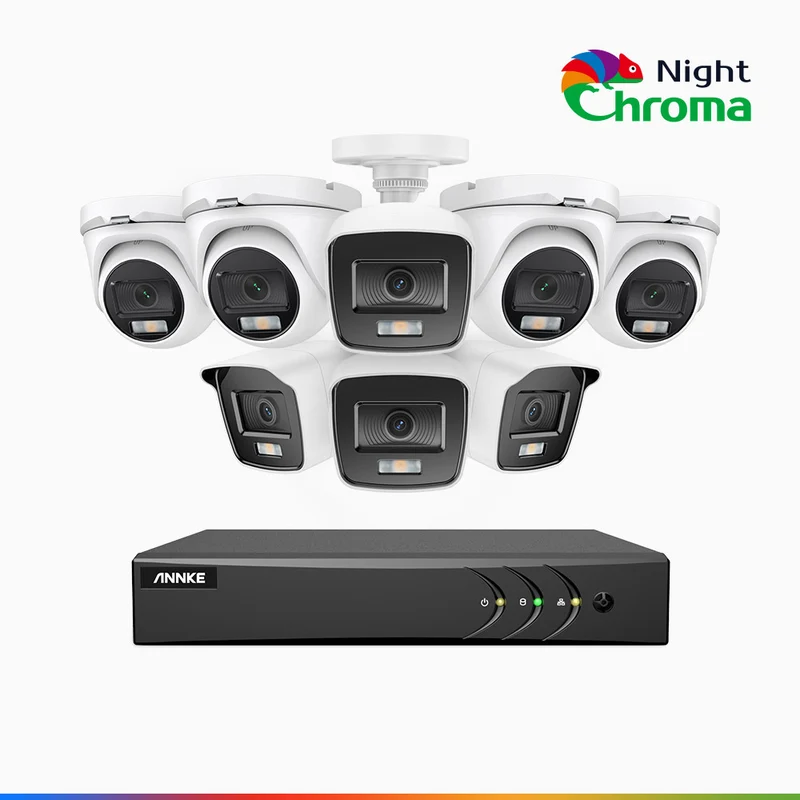 NightChroma TM NAK200 - 1080P 16 Channel Wired CCTV System with 4 Bullet & 4 Turret Cameras, Acme Colour Night Vision, f/1.0 Super Aperture, 0.001 Lux, 121° FoV, Active Alignment