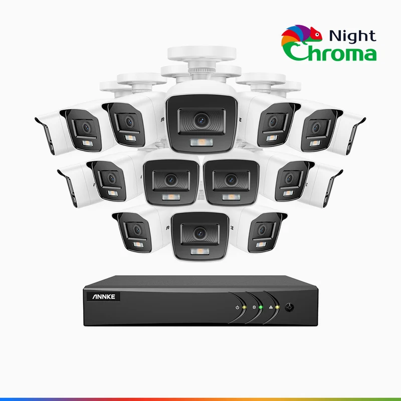 NightChroma TM NAK200 - 1080P 16 Channel 16 Cameras Wired CCTV System, Acme Color Night Vision, f/1.0 Super Aperture, 0.001 Lux, 121° FoV, Active Alignment