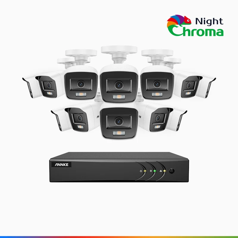 NightChroma TM NAK200 - 1080P 16 Channel 12 Cameras Wired CCTV System, Acme Color Night Vision, f/1.0 Super Aperture, 0.001 Lux, 121° FoV, Active Alignment