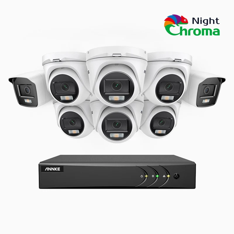 NightChroma TM NAK200 - 1080P 8 Channel Wired CCTV System with 2 Bullet & 6 Turret Cameras, Acme Colour Night Vision, f/1.0 Super Aperture, 0.001 Lux, 121° FoV, Active Alignment