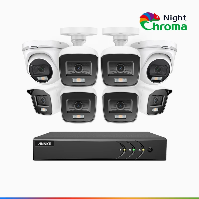 NightChroma TM NAK200 - 1080P 8 Channel Wired CCTV System with 6 Bullet & 2 Turret Cameras, Acme Colour Night Vision, f/1.0 Super Aperture, 0.001 Lux, 121° FoV, Active Alignment