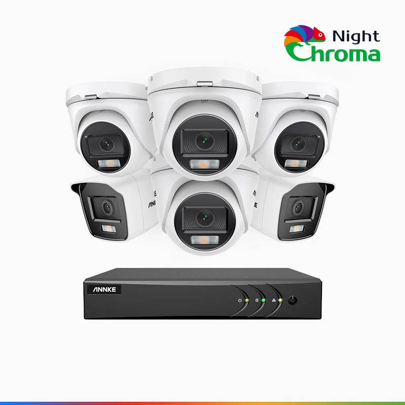 NightChroma TM NAK200 - 1080P 8 Channel Wired CCTV System with 2 Bullet & 4 Turret Cameras, Acme Colour Night Vision, f/1.0 Super Aperture, 0.001 Lux, 121° FoV, Active Alignment