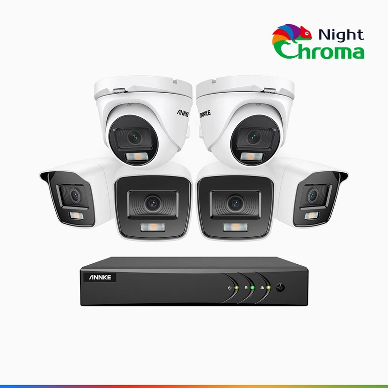 NightChroma TM NAK200 - 1080P 8 Channel Wired CCTV System with 4 Bullet & 2 Turret Cameras, Acme Colour Night Vision, f/1.0 Super Aperture, 0.001 Lux, 121° FoV, Active Alignment