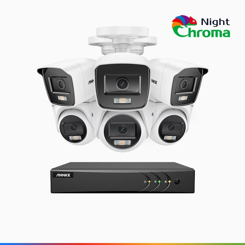 NightChroma TM NAK200 - 1080P 8 Channel Wired CCTV System with 3 Bullet & 3 Turret Cameras, Acme Colour Night Vision, f/1.0 Super Aperture, 0.001 Lux, 121° FoV, Active Alignment