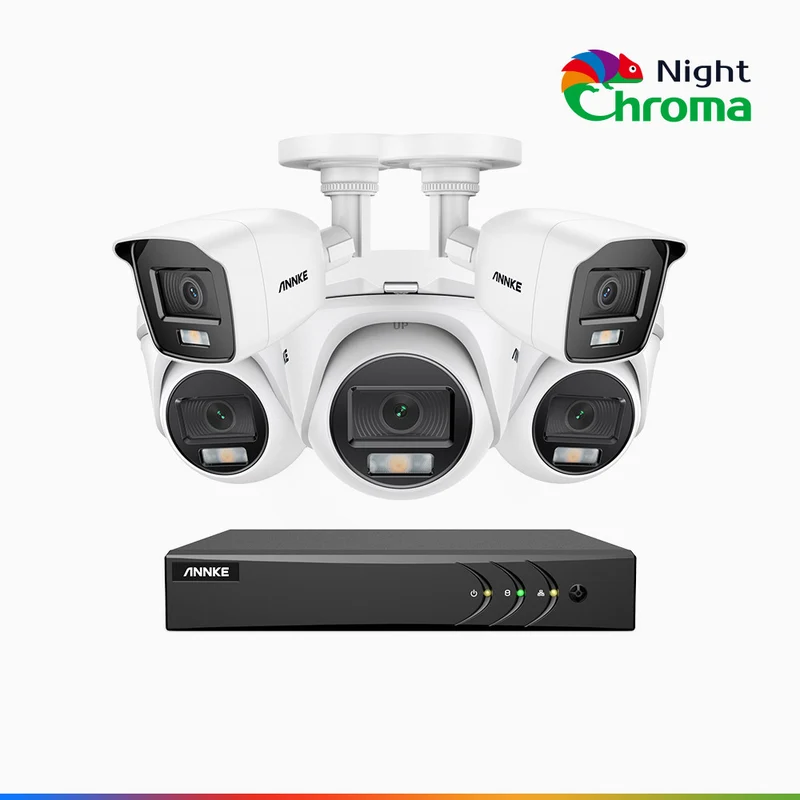 NightChroma TM NAK200 - 1080P 8 Channel Wired CCTV System with 2 Bullet & 3 Turret Cameras, Acme Colour Night Vision, f/1.0 Super Aperture, 0.001 Lux, 121° FoV, Active Alignment