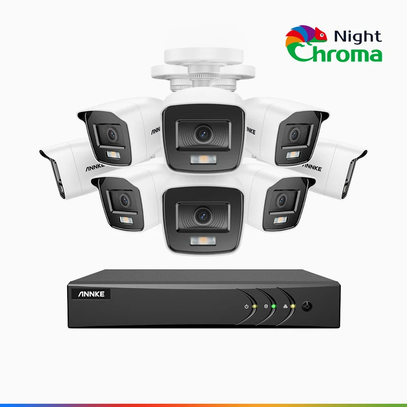 NightChroma TM NAK200 - 1080P 8 Channel 8 Cameras Wired CCTV System, Acme Color Night Vision, f/1.0 Super Aperture, 0.001 Lux, 121° FoV, Active Alignment