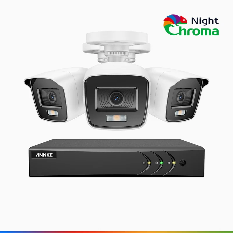 NightChroma TM NAK200 - 1080P 8 Channel 3 Cameras Wired CCTV System, Acme Color Night Vision, f/1.0 Super Aperture, 0.001 Lux, 121° FoV, Active Alignment