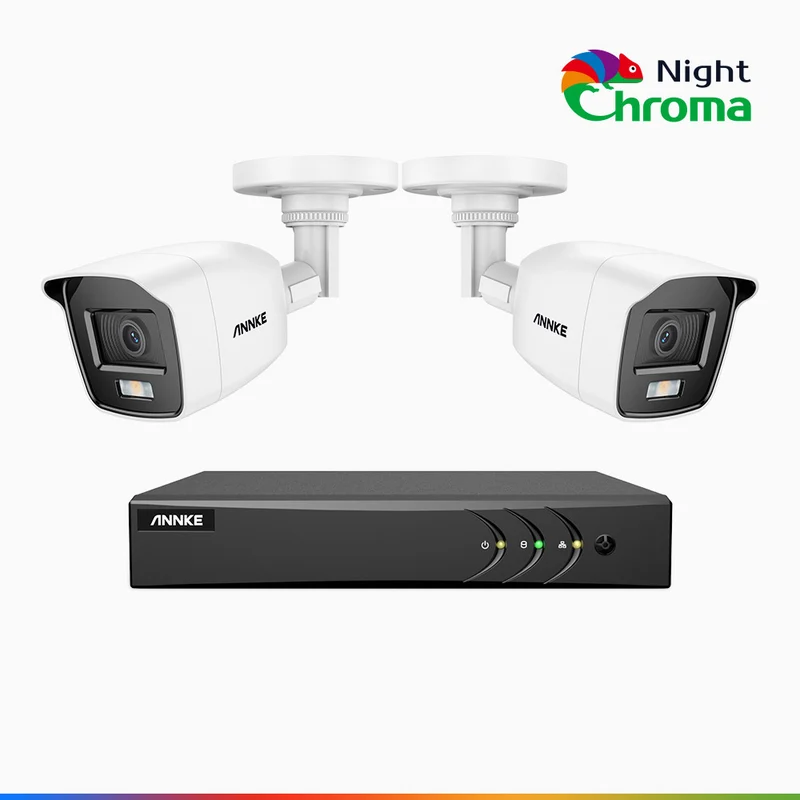 NightChroma TM NAK200 - 1080P 8 Channel 2 Cameras Wired CCTV System, Acme Color Night Vision, f/1.0 Super Aperture, 0.001 Lux, 121° FoV, Active Alignment