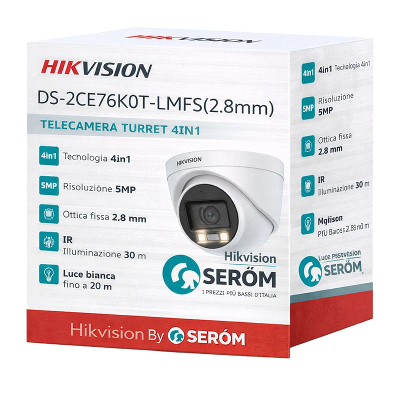 DS-2CE76K0T-LMFS 3K 4in1 Turret 2.8mm Smart IR 30m Luce Bianca 20m IP67 TVI/AHD/CVI/CVBS - Hikvision