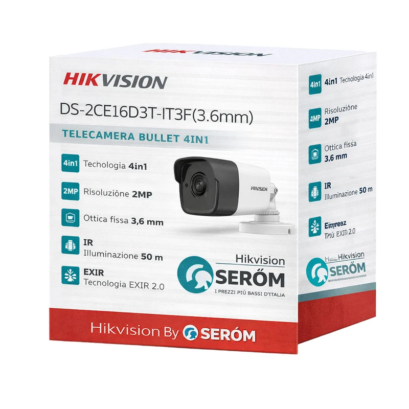 DS-2CE16D8T-ITE 2MP HD TVI Bullet 3.6mm EXIR 20m PoC EDR 120dB IP67 Telecamera Esterno - Hikvision