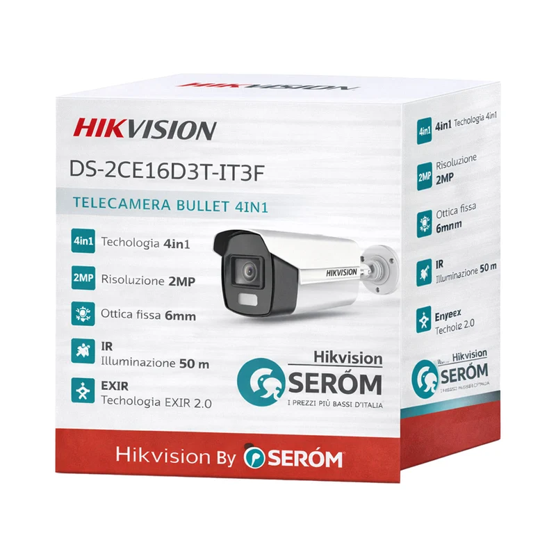 DS-2CE16D3T-IT3F 2MP Turbo HD TVI 4in1 6mm EXIR 50m PoC WDR 120dB IP67 Bullet Esterno - Hikvision