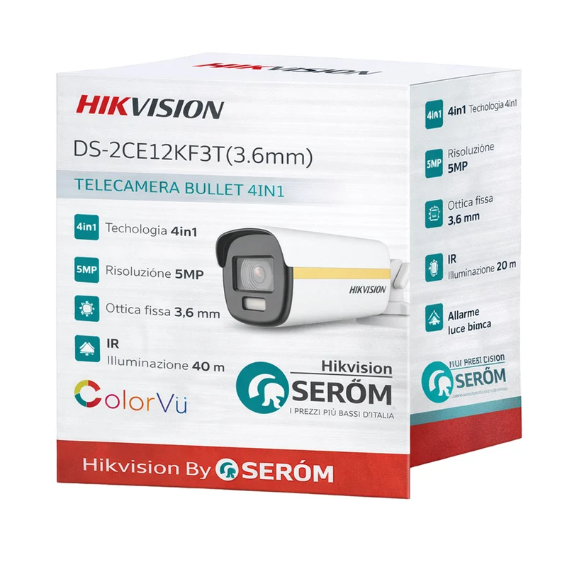 DS-2CE12KF3T 3K Mini Bullet 3.6mm Visione Colori 24/7 Luce Bianca 40m IP67 Videosorveglianza Esterno - Hikvision