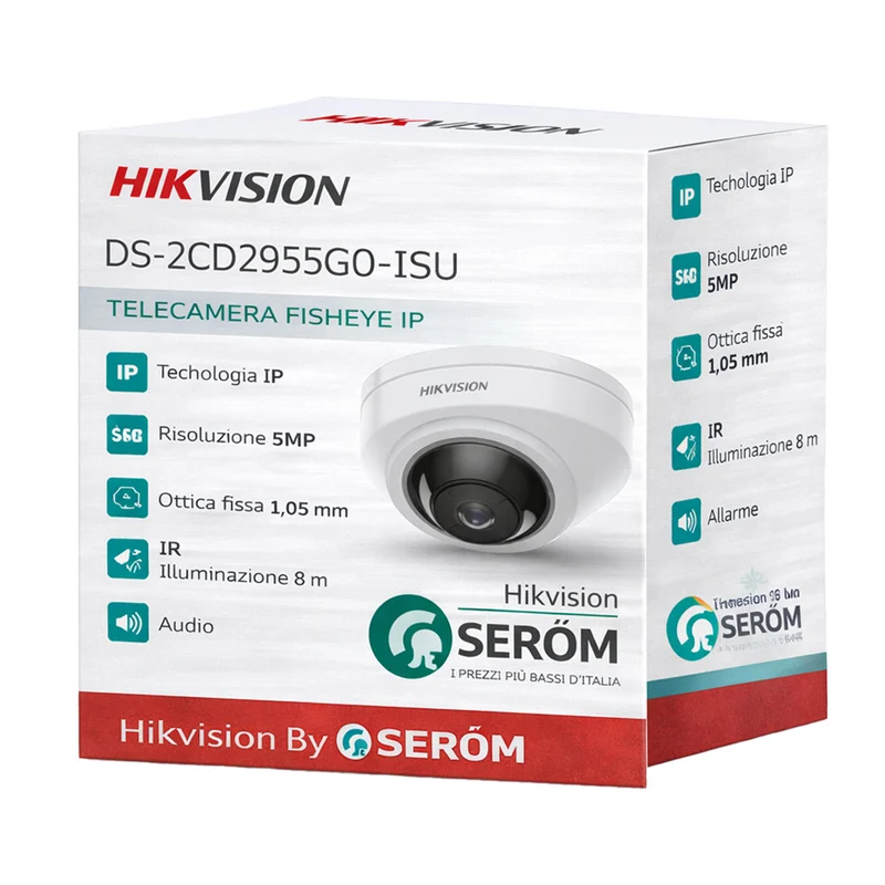 DS-2CD2955G0-ISU - Telecamera Fisheye 5MP IP PoE con Audio, IR 8m e Video Analisi - Hikvision